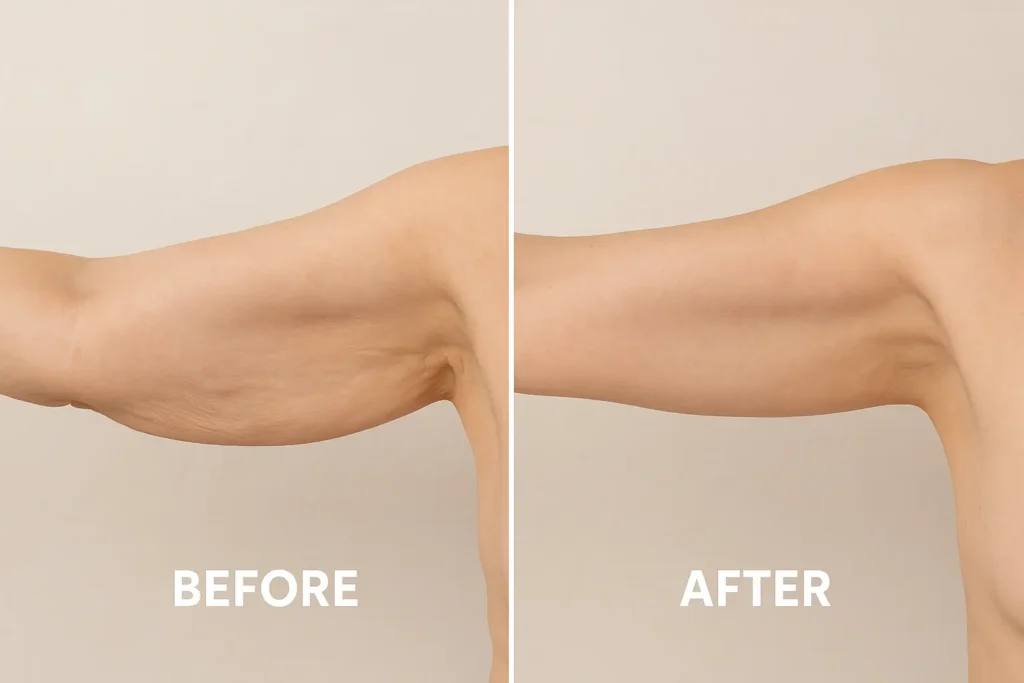 Picture of LA LIPO Weymouth before and after results of skin tightening treatment on the upper arms.