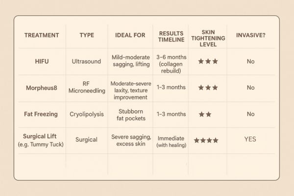 Table showing the comparisons of Skin tightening Weymouth treatment options.